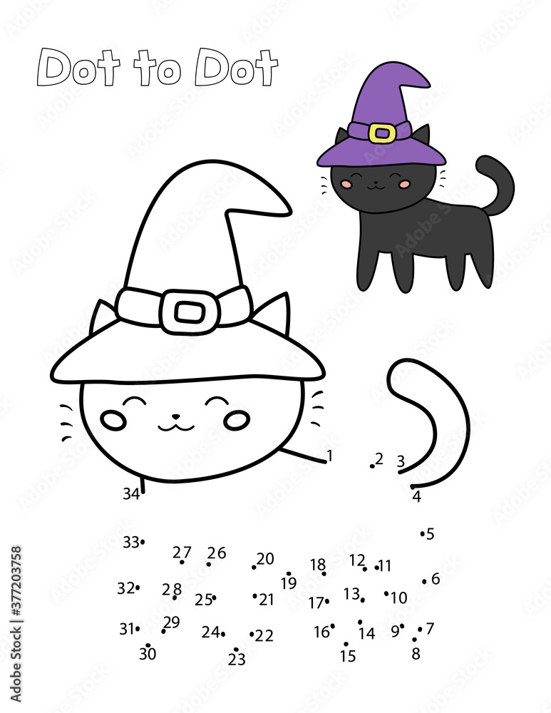 Dot to dot game educational worksheet for preschool kids learn numbers cute black cat with witch hat coloring book halloween theme vector