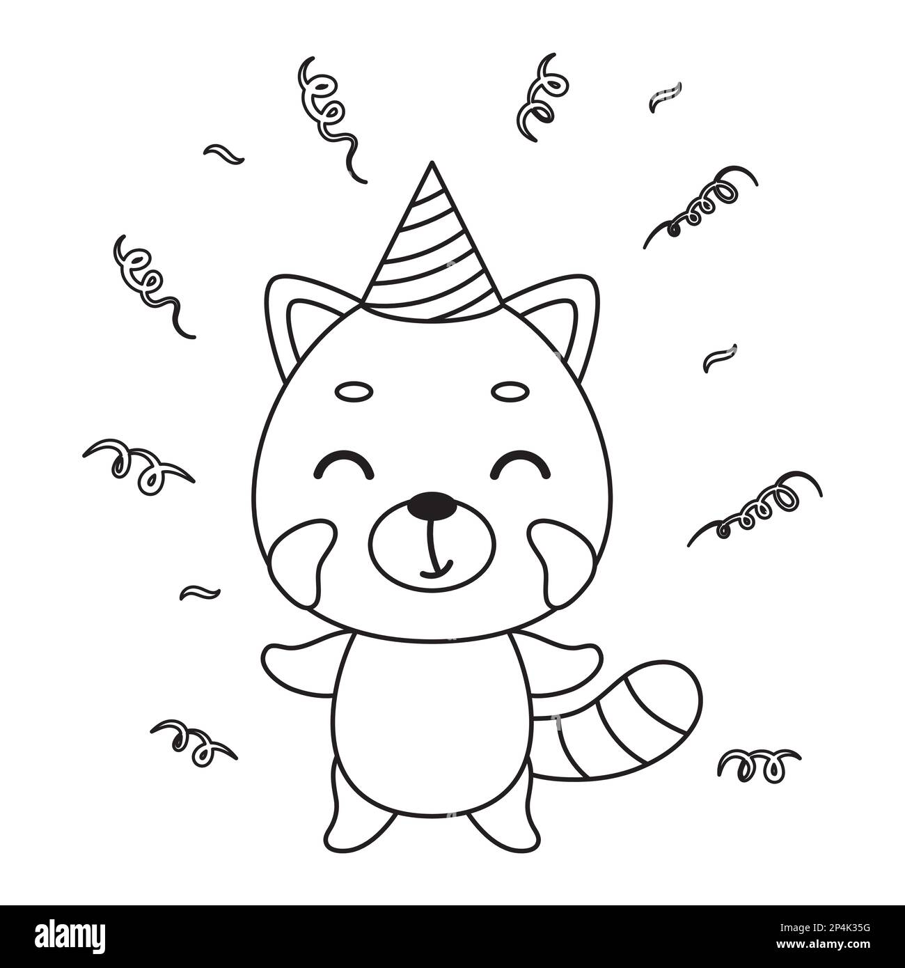 Coloring page cute little red panda in birthday hat coloring book for kids educational activity for preschool years kids and toddlers with cute anim stock vector image art
