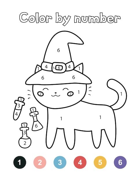 Premium vector color by numbers for preschool children cute halloween cat with witch hat and potions