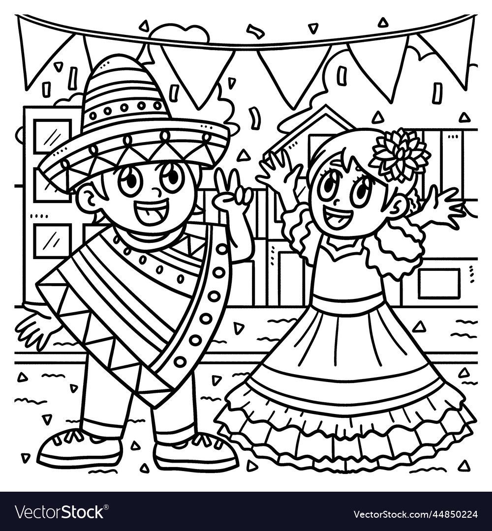 Children celebrating cinco de mayo coloring page vector image