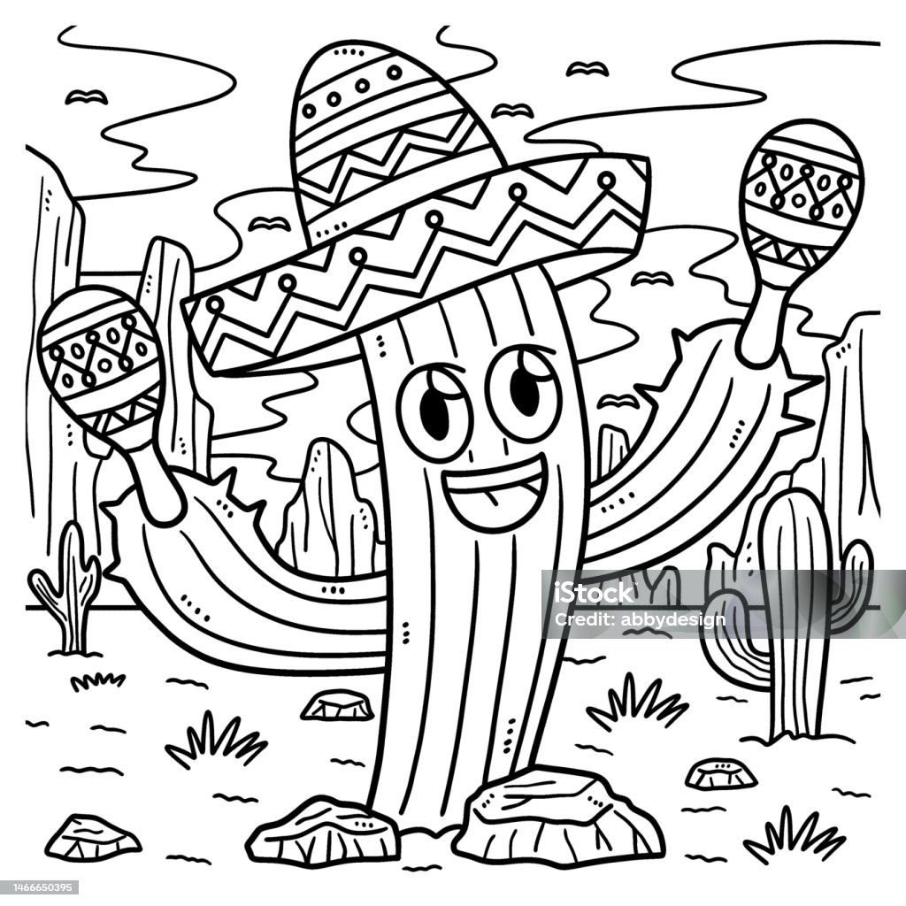 Cinco de mayo cactus with hat coloring page stock illustration