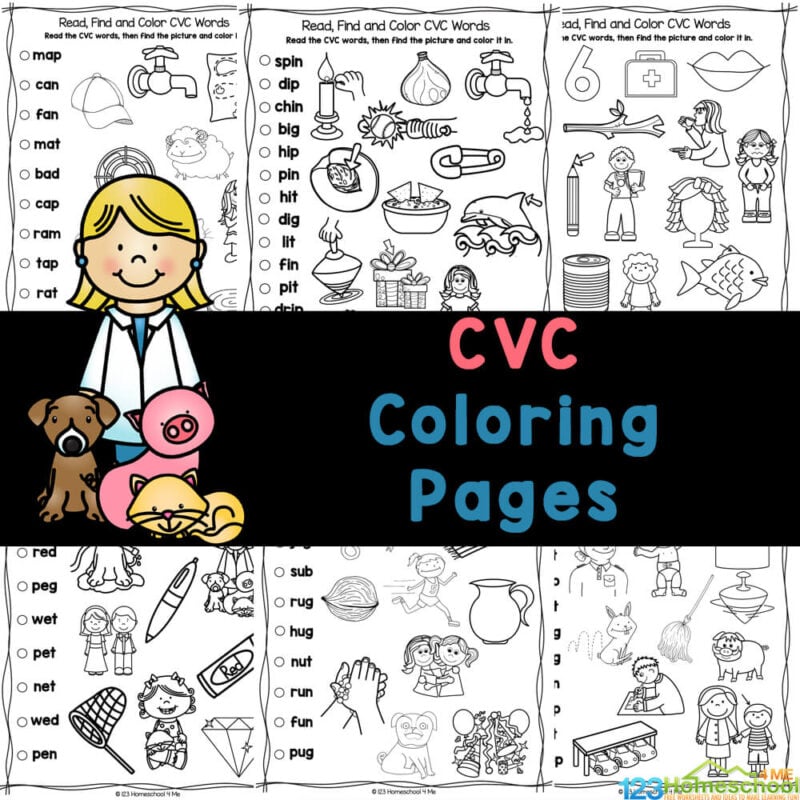 Free printable cvc words coloring pages worksheets