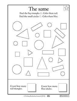 Big triangles small circles kindergarten preschool math worksheet