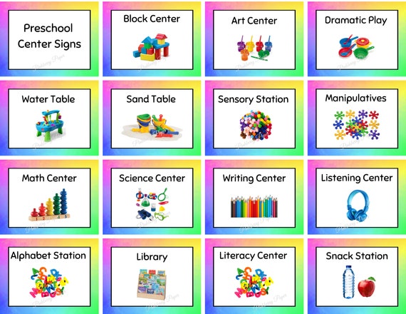 Rainbow preschool center signs set of printable classroom labels instant download