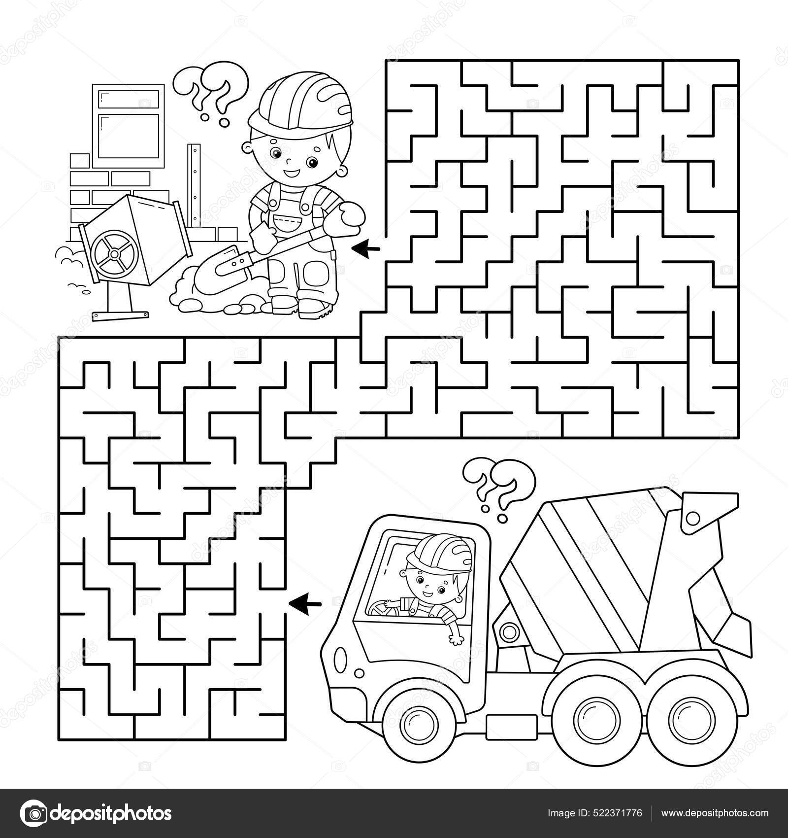 Maze labyrinth game puzzle coloring page outline cartoon concrete mixer stock vector by oleon