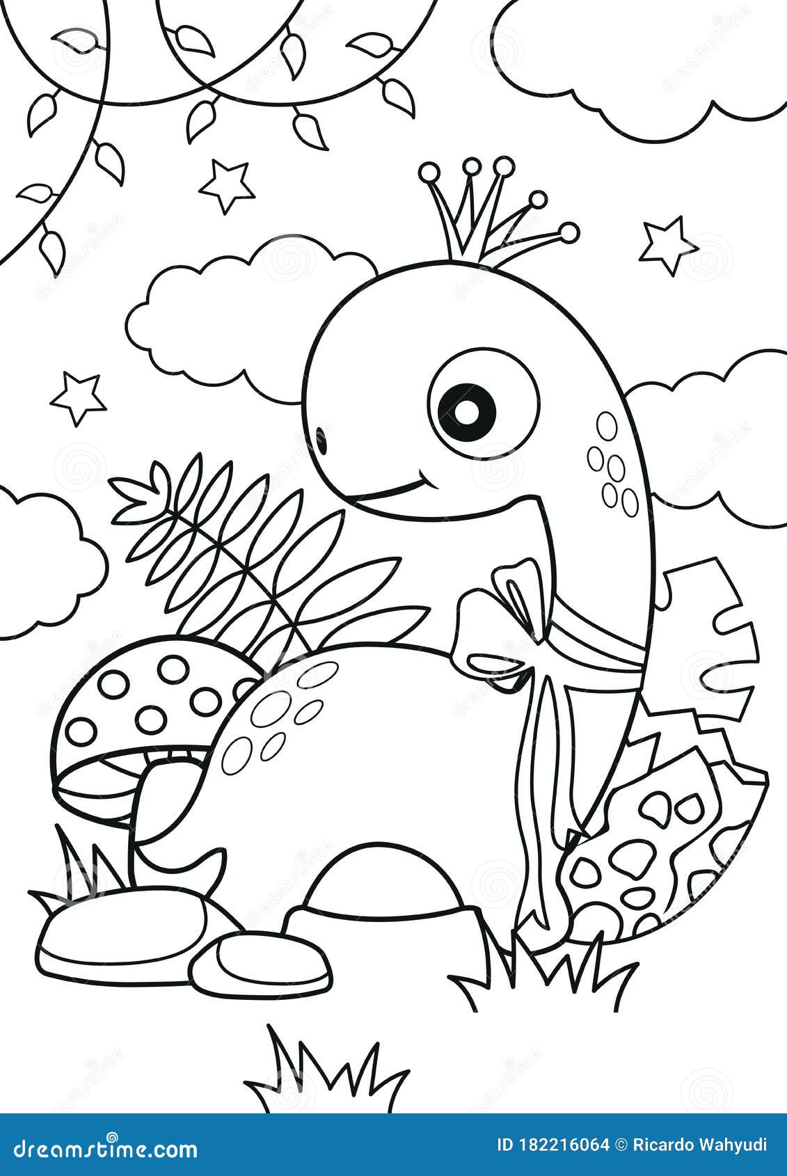 Cute dinosaur in the forest coloring pages stock vector