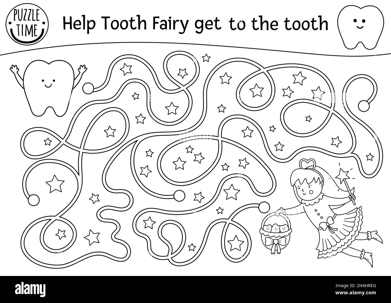 Black and white dental care maze for children preschool line dentist clinic activity or coloring page help the tooth fairy get to the tooth mouth h stock vector image art