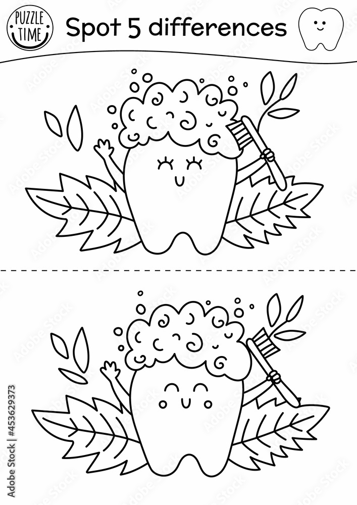 Black and white dental care find differences game for children mouth hygiene outline preschool activity with cute tooth cleaning himself with toothbrush and mint leaves puzzle or coloring page vector