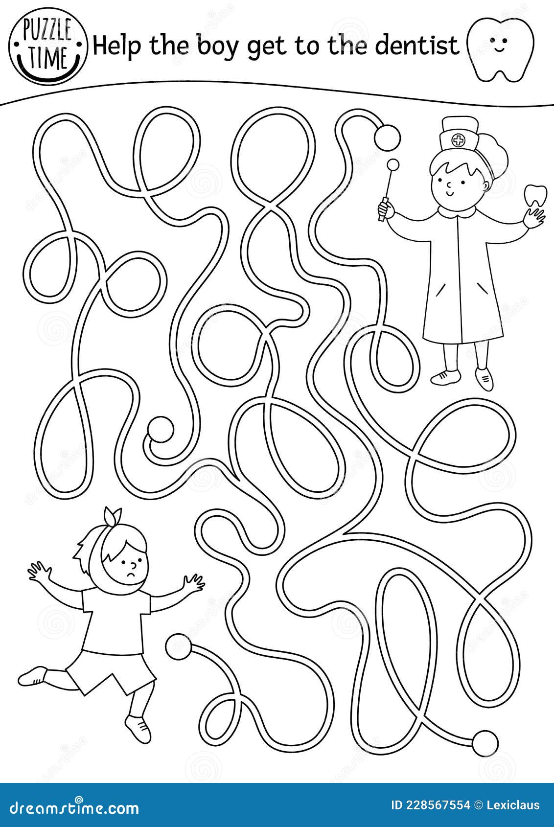 Black and white dental care maze for children preschool outline medical activity stock vector