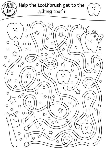 Black and white dental care maze for children preschool outline medical activity funny game or coloring page with cute toothbrush and ill teeth help the brush get to the aching tooth stock