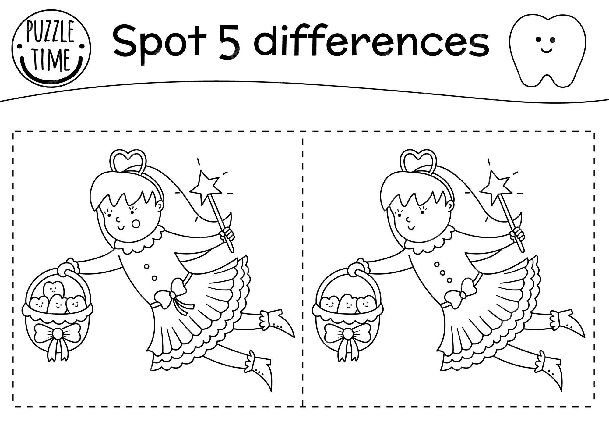 Premium vector black and white dental care find differences game for children mouth hygiene outline preschool activity with cute tooth fairy tooth loss puzzle or coloring page with cute characters for