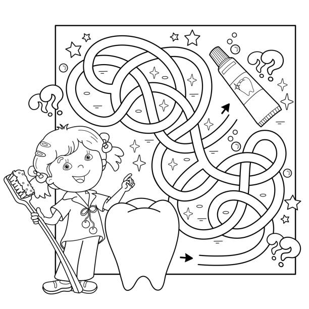 Maze or labyrinth game puzzle tangled road coloring page outline of cartoon girl with toothbrush and toothpaste coloring book for kids stock illustration