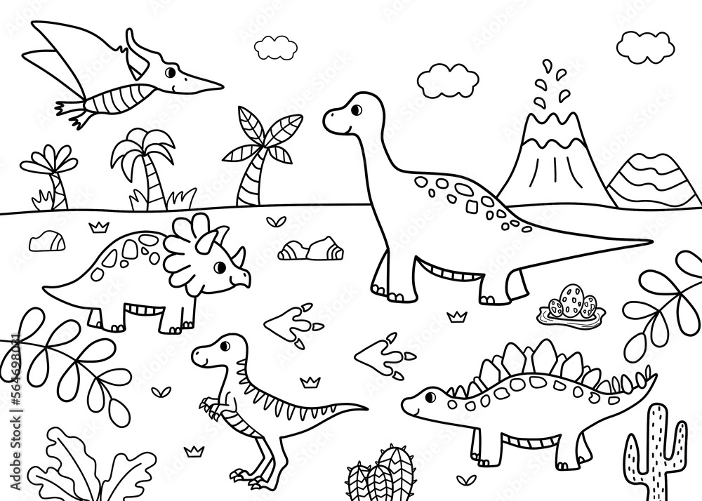 Dinosaur coloring pages for kids painting for kindergarten and elementary school children childrens coloring activity sheet cute illustration to color illustration