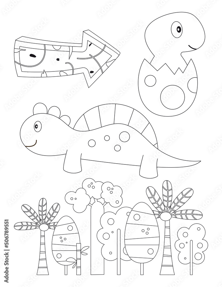 Dinosaurs coloring page printable for children preschool space dinosaur baby dino jungle forest arrow coloring book vector illustration vector