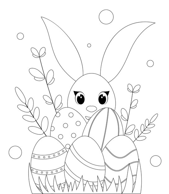 Premium vector easter bunny with eggs coloring page for kids