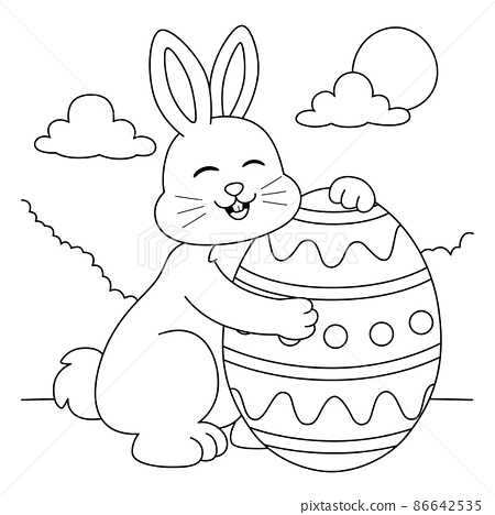 Rabbit hugging easter egg coloring page for kids