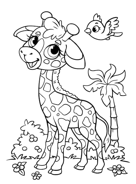 Premium vector giraffe little coloring book black and white outline zoo animals africa illustration for children