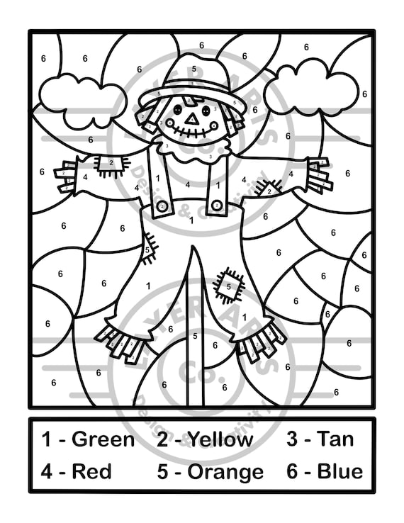 Scarecrow color by number activity page autumn activity sheet fall coloring page seasonal activity elementary preschool kindergarten color