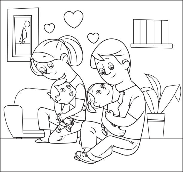 Black and white happy family stock illustration