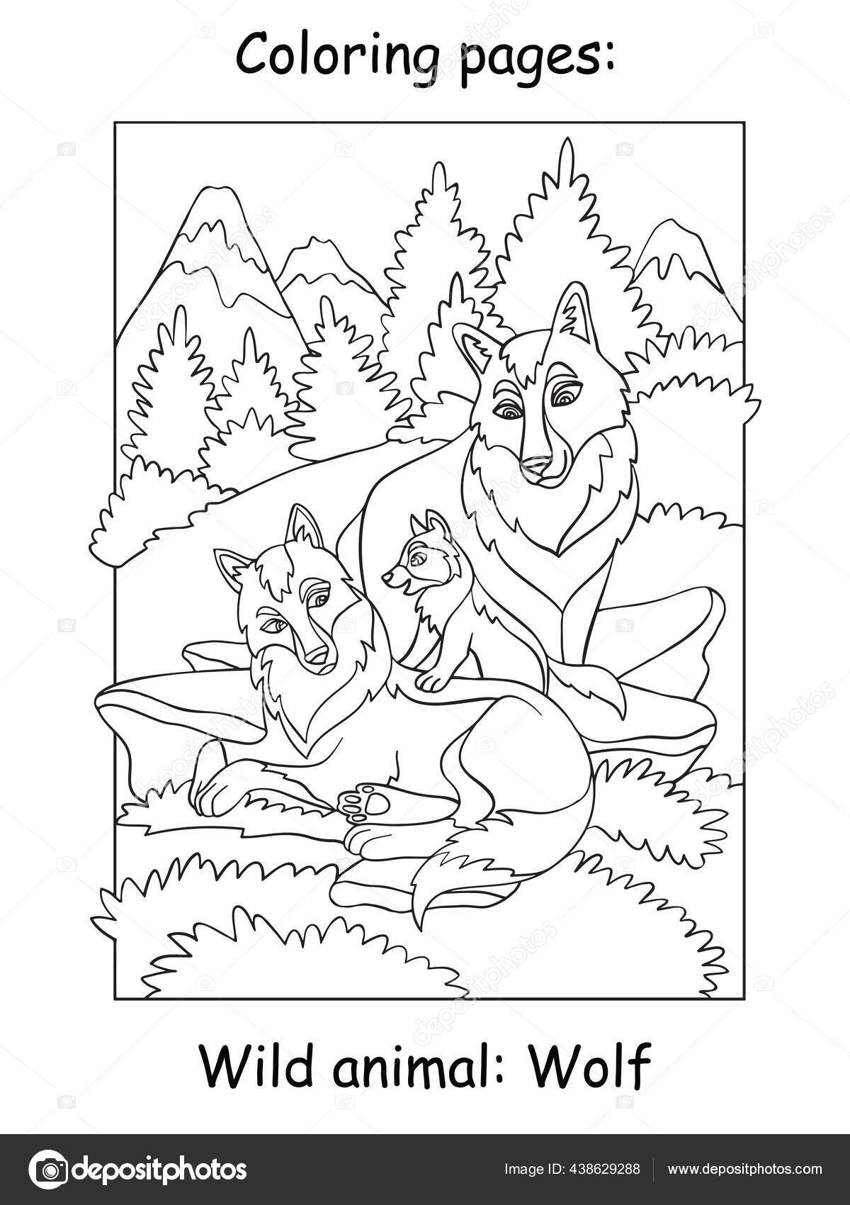 Vector coloring pages cute wolves family cub mountain area cartoon stock vector by alinart