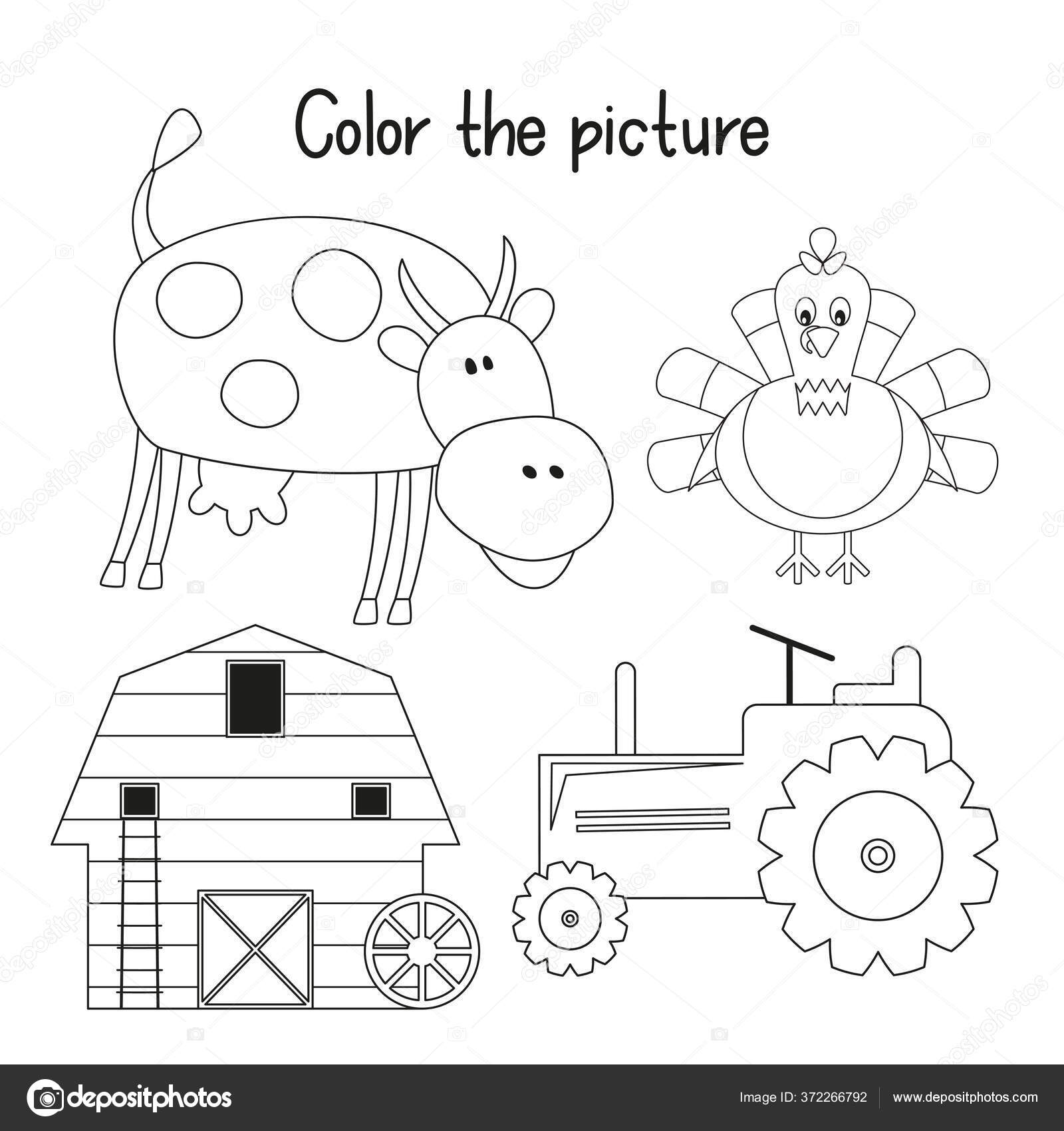 Color picture coloring page kids farm animals objects cow turkey stock vector by elfivetrov