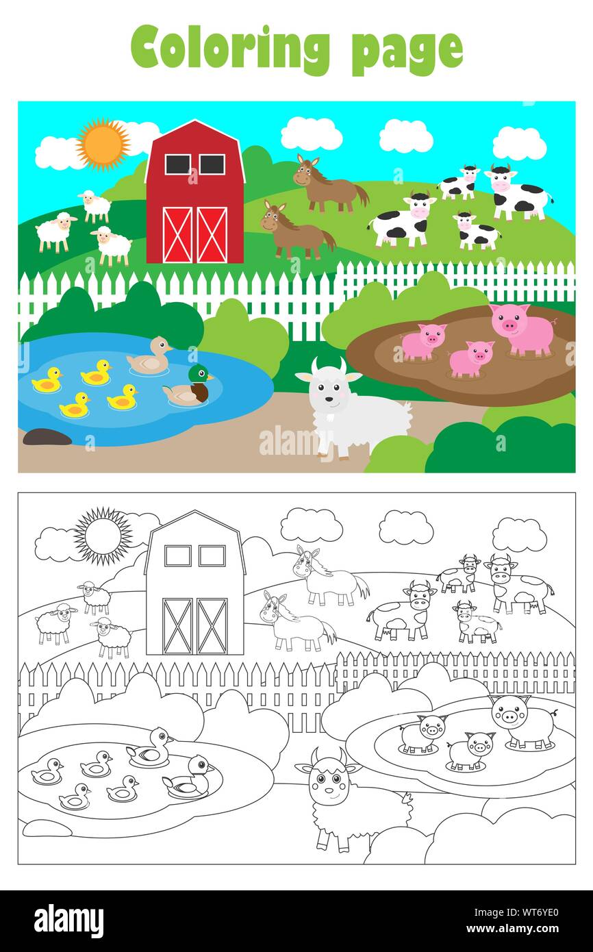 Farm with animals cartoon style coloring page education paper game for the development of children kids preschool activity printable worksheet stock vector image art