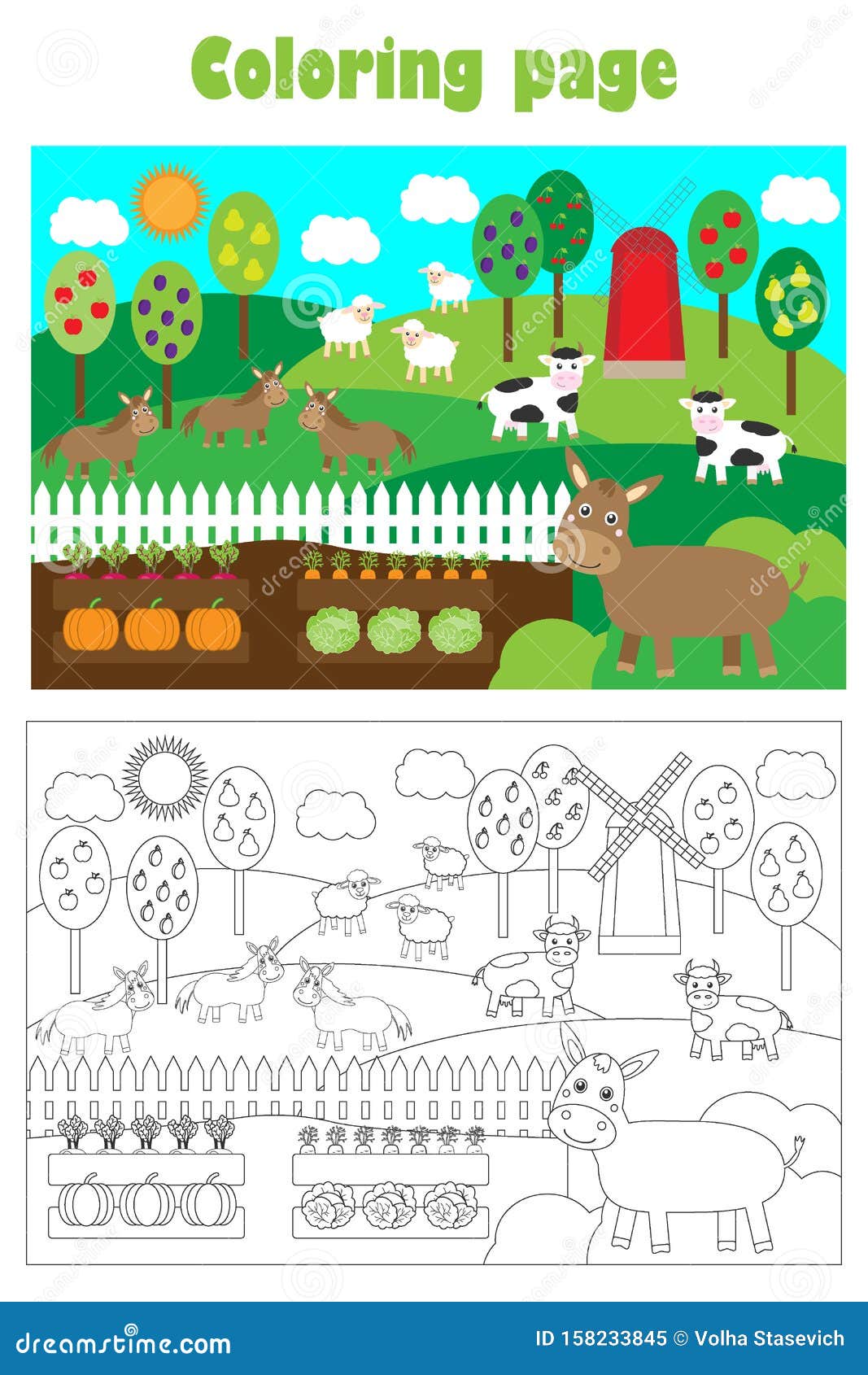 Farm animals and garden cartoon style coloring page education paper game for the development of children kids preschool stock illustration