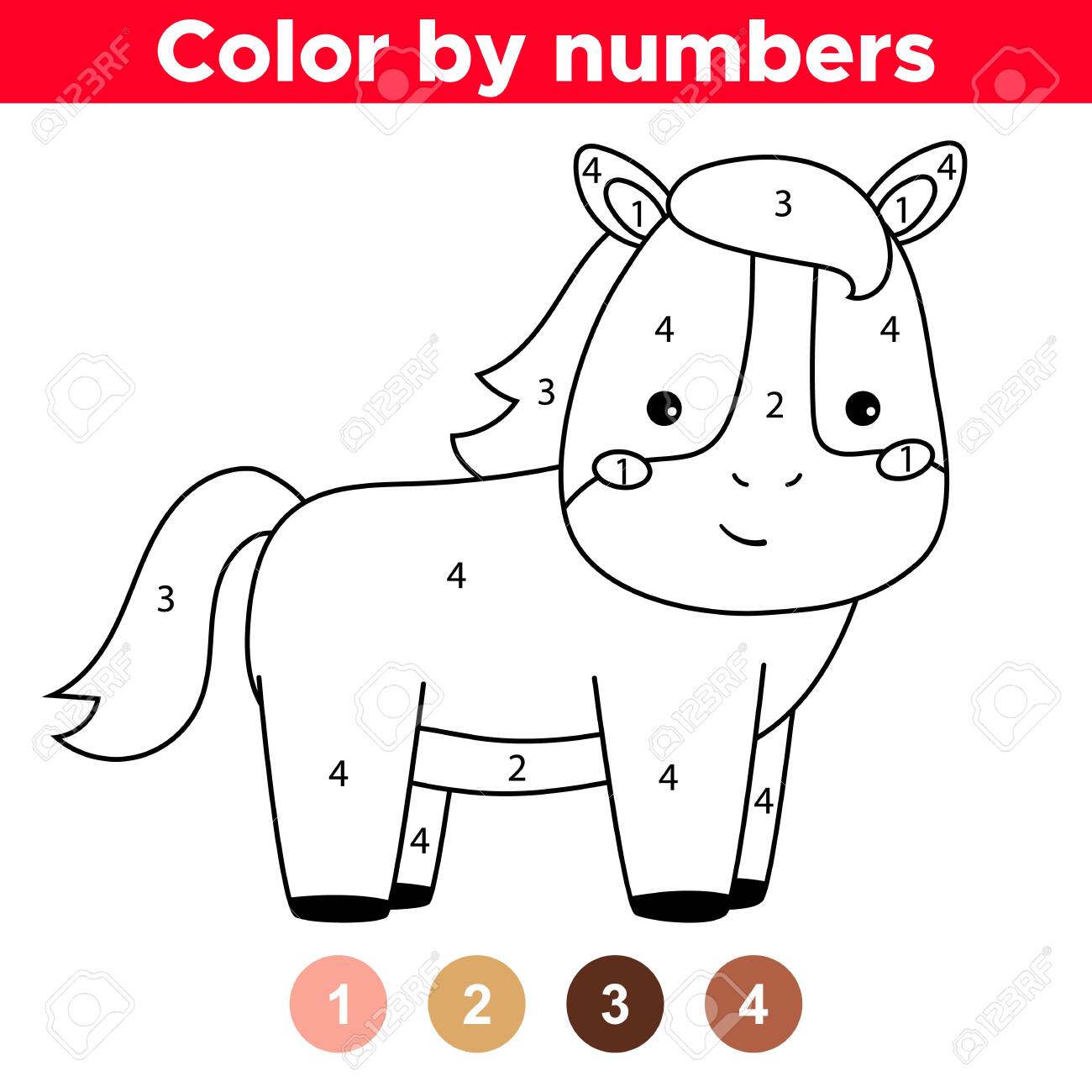 Educational game for preschool kids cute kawaii horse farm animals coloring page by numbers royalty free svg cliparts vectors and stock illustration image