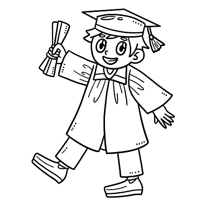 Happy graduate boy with diploma isolated coloring stock illustration