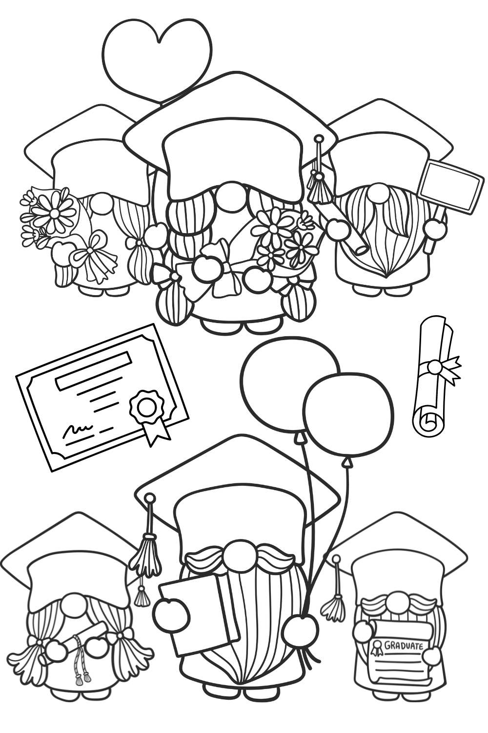 Cute graduation coloring pages including graduation gnomes