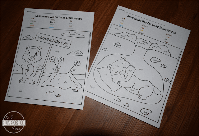 Free groundhog day color by sight word worksheets