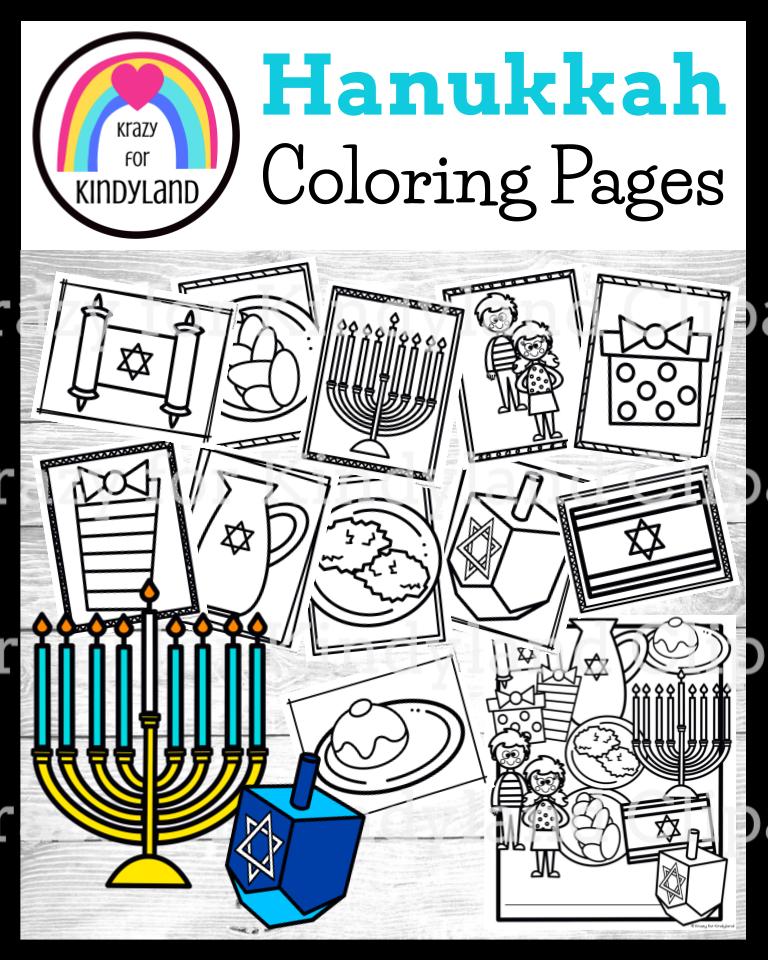 Hanukkah coloring pages booklet menorah dreidel latkes jelly donut gifts