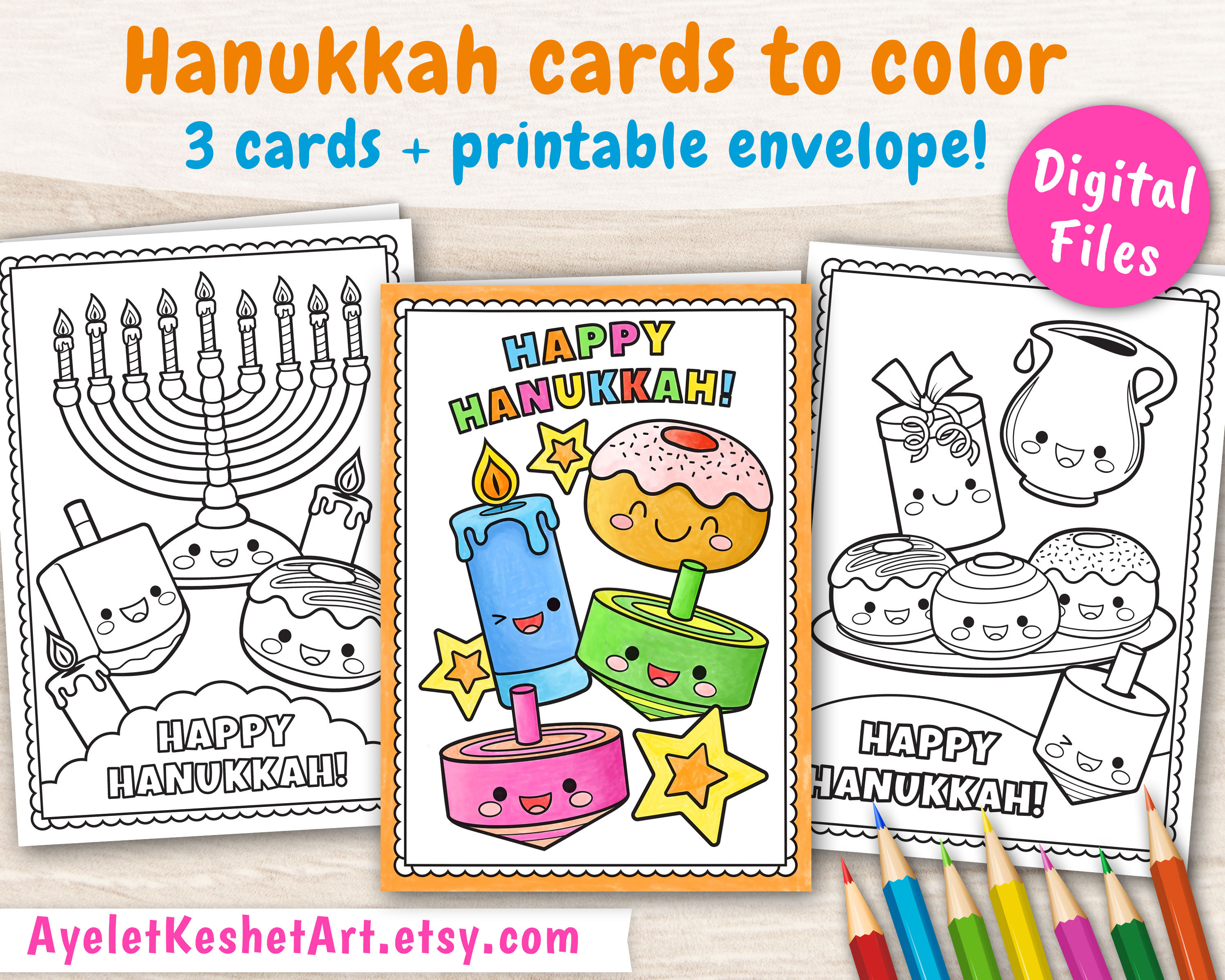 Hanukkah cards to color coloring pages of happy hanukkah card cute kawaii printable greeting cards instant download pdf download now