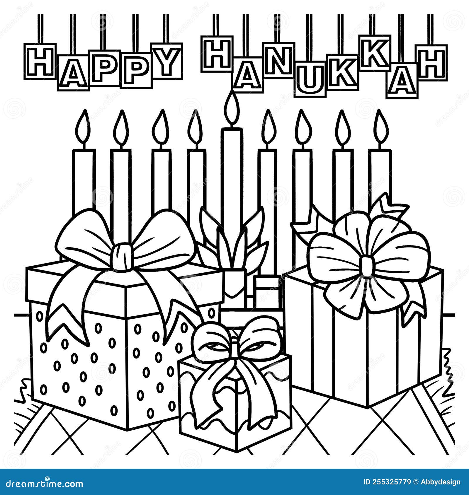 Happy hanukkah presents and menorah coloring page stock vector