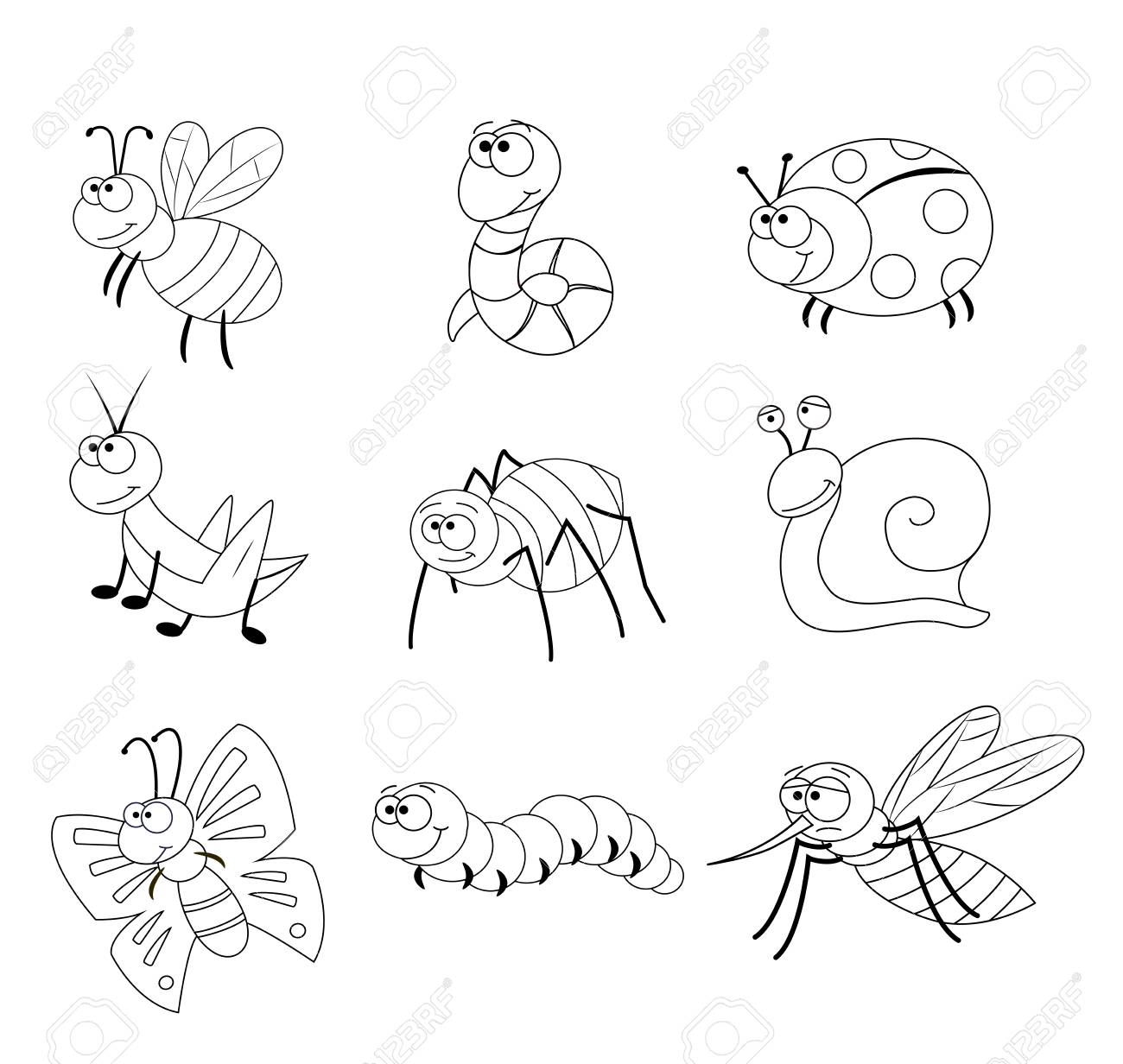 Coloring page for preschool children set of different cartoon insects funny insects vector illustration bee worm ladybug grasshopper spider snailbutterfly caterpillar mosquito royalty free svg cliparts vectors and stock illustration