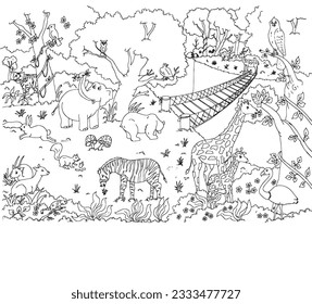 Cute cartoon animals jungle coloring page stock vector royalty free