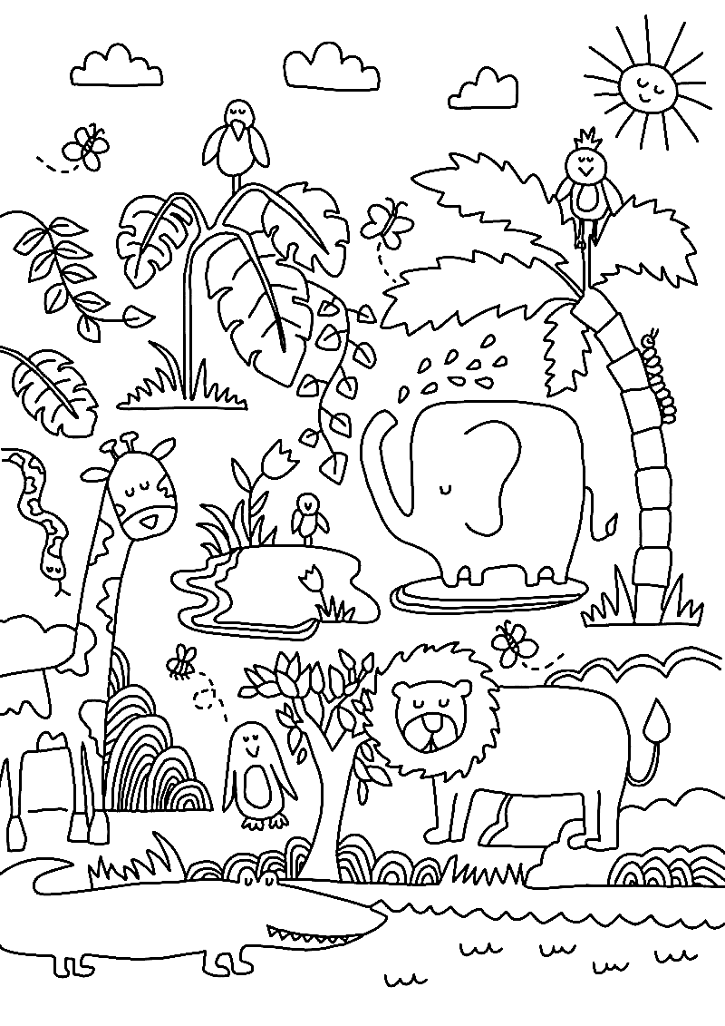 Cute animals jungle coloring page