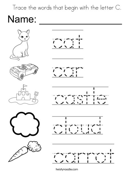 Trace the words that begin with the letter c coloring page