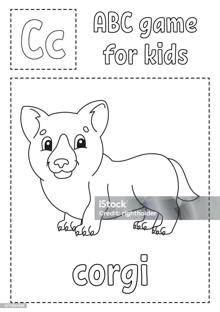 Letter c is for corgi abc game for kids alphabet coloring page cartoon character word and letter vector illustration stock illustration