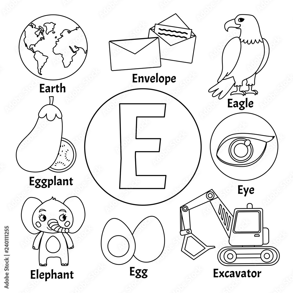 Vector cute kids animal alphabet letter e set of cute cartoon illustrations coloring page vector