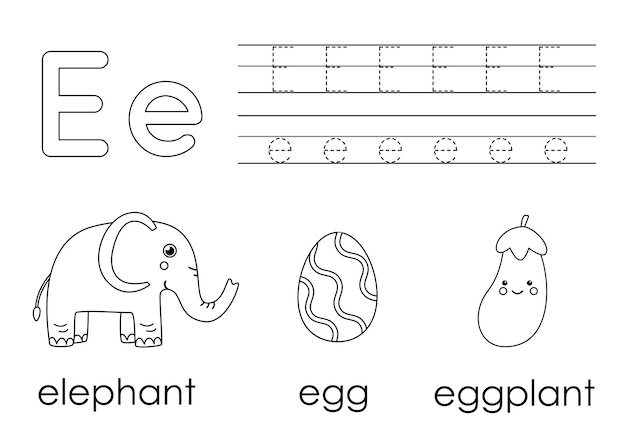 Premium vector learning english alphabet for kids letter e coloring book