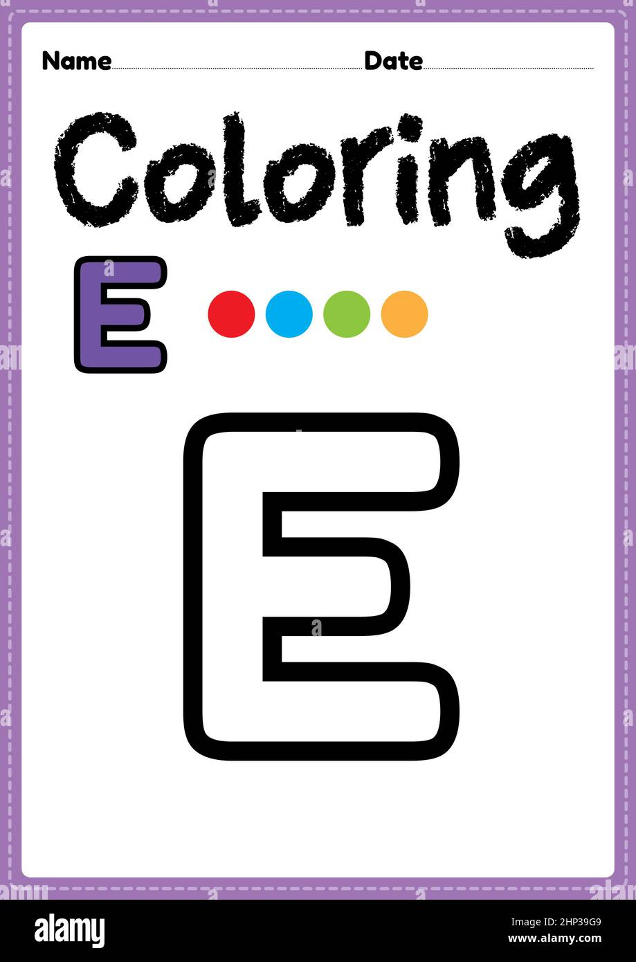 Letter e alphabet coloring page for preschool kindergarten montessori kids to learn and practice writing drawing and coloring activities to develo stock photo