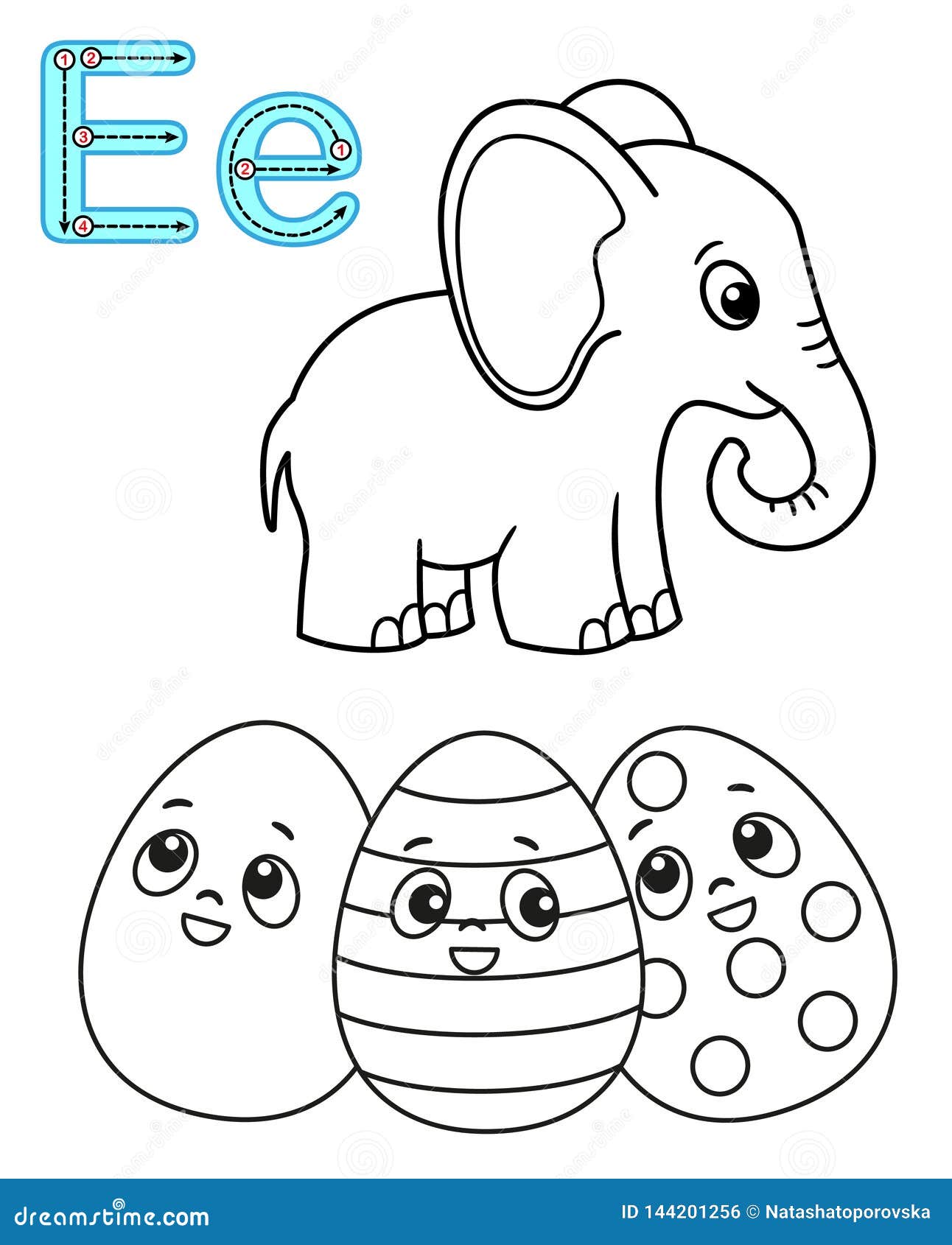 Printable coloring page for kindergarten and preschool card for study english vector coloring book alphabet letter e stock vector