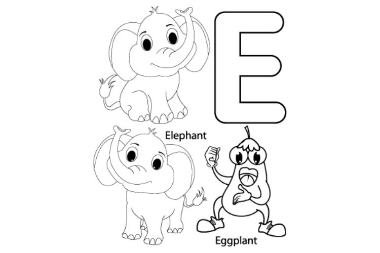 Coloring sheet from letter e for kids