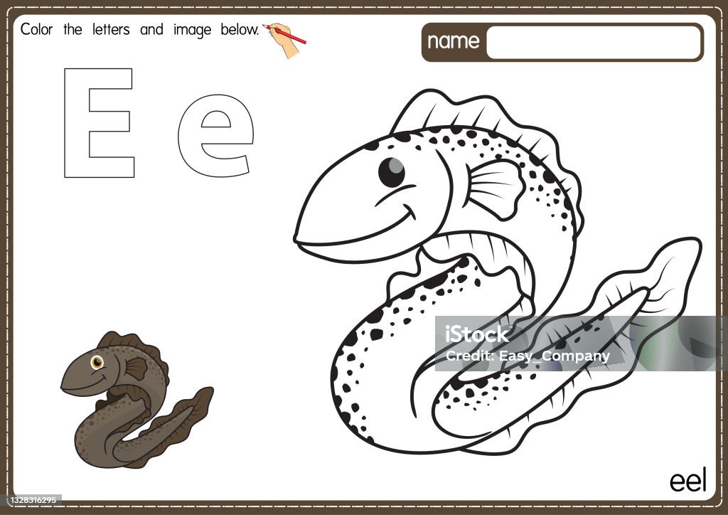 Vector illustration of kids alphabet coloring book page with outlined clip art to color letter e for eel stock illustration