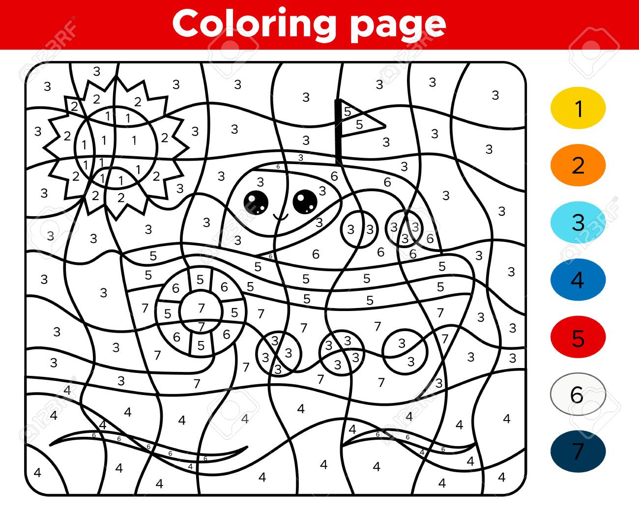 Number coloring page for preschool children cute cartoon kawaii ship learn numbers and colors educational game royalty free svg cliparts vectors and stock illustration image