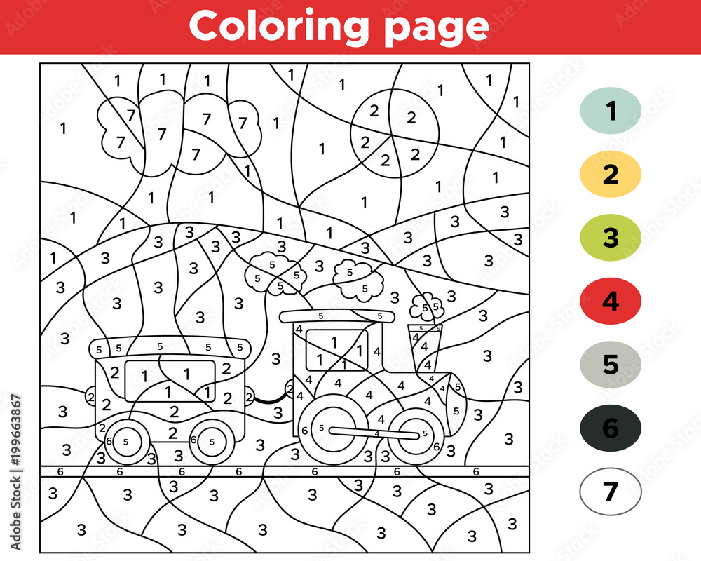 Educational number coloring page for preschool children funny cartoon train vector illustration vector