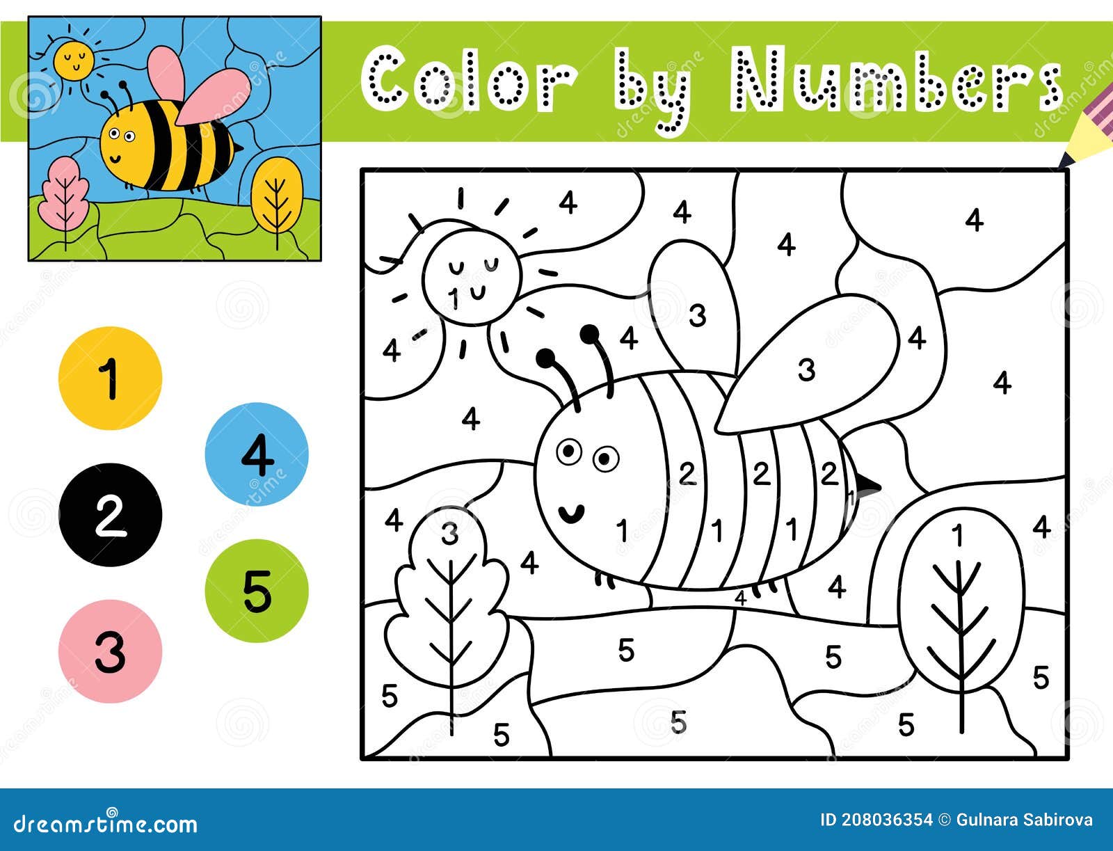 Color by number game for kids coloring page with a cute bee stock vector