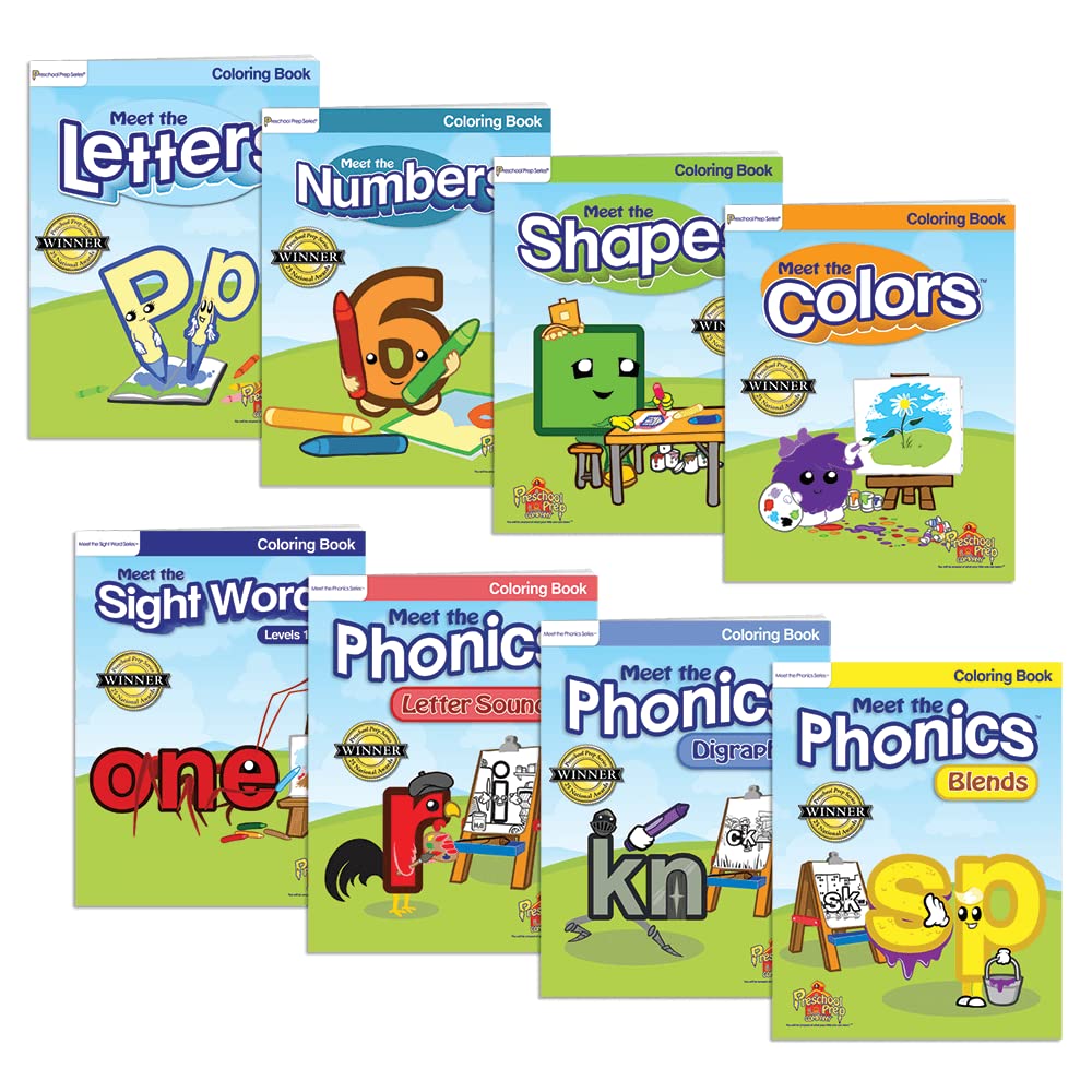 Preschool prep pany basicsreading coloring book bundle with coloring books â meet the letters meet the numbers meet the shapes meet the colors meet the sight words meet the phonics letter