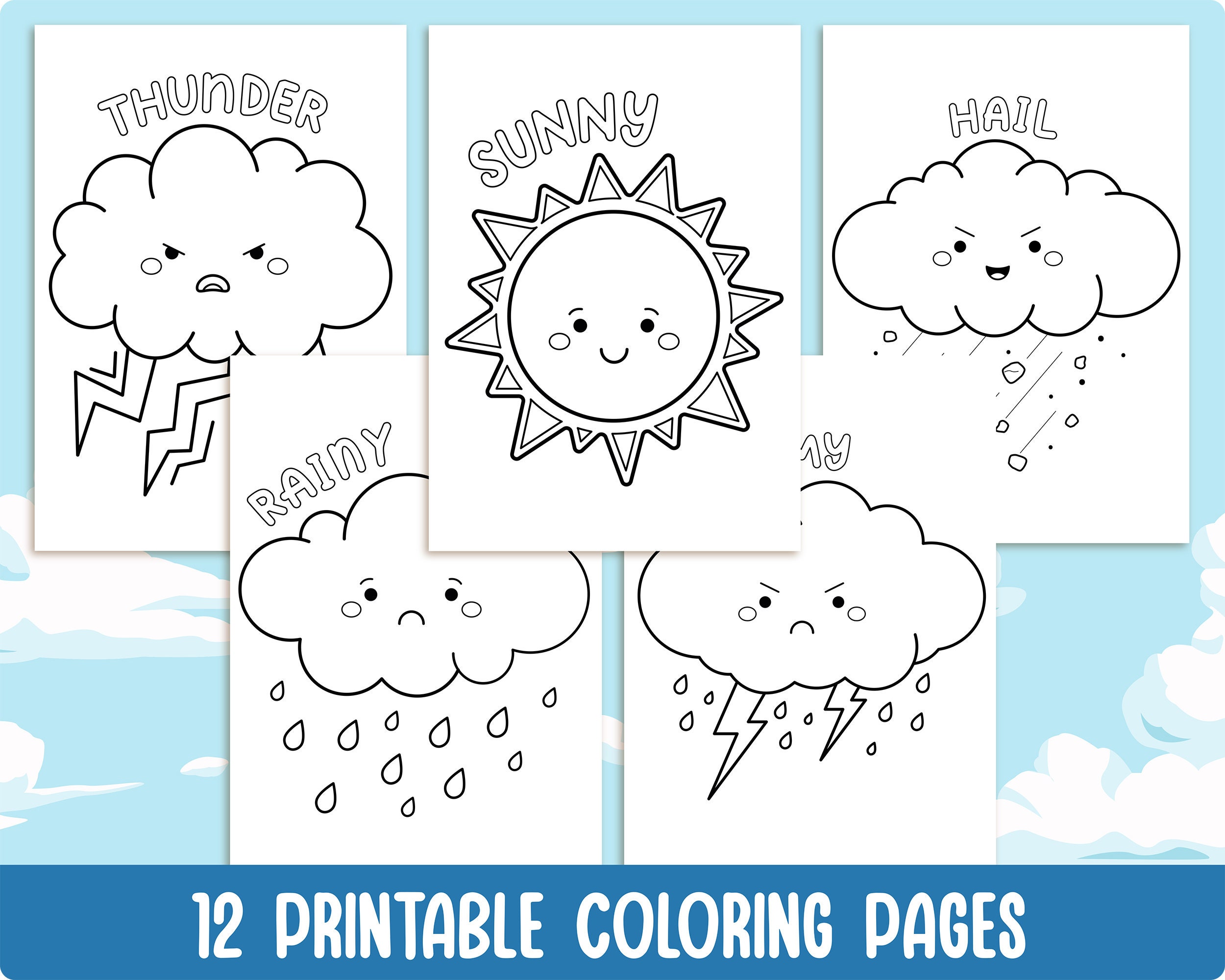 Printable weather elements coloring pages for kids with names weather symbols colouring book party activity